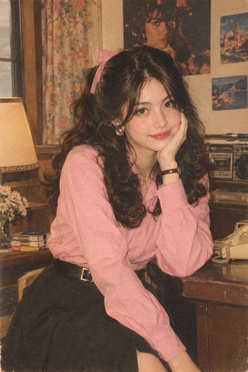 Woman in pink shirt poses in nostalgic 1980s Indian fashion portrait