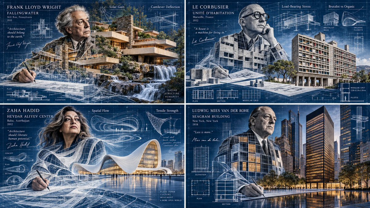 Legendary Architects Emerge from Glowing Prussian Blue Blueprints