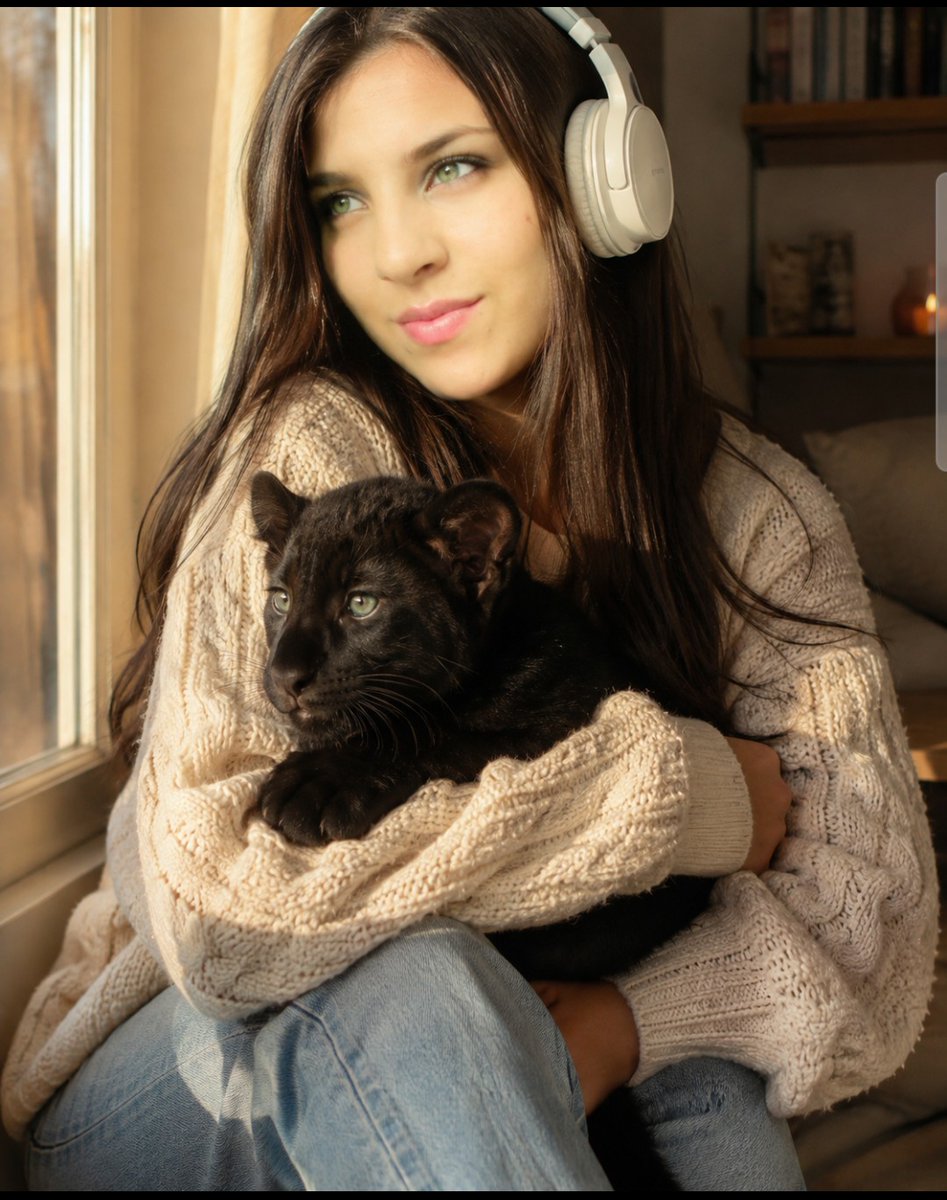 Woman with headphones cradles a panther cub in golden light
