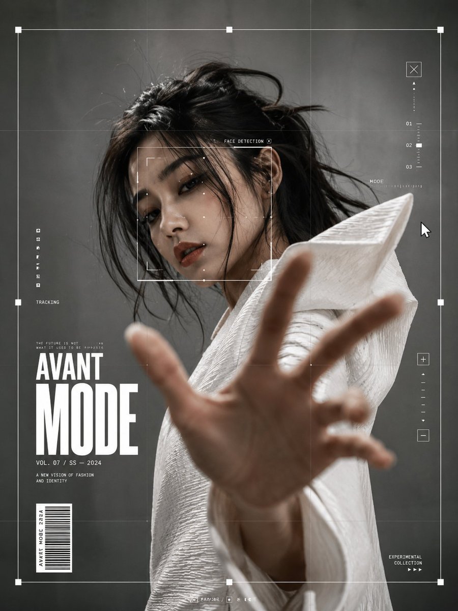 Confident woman in white couture reaches toward camera lens