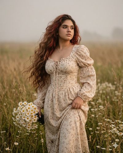 A slender woman in a floral dress stands in a misty field at dusk.