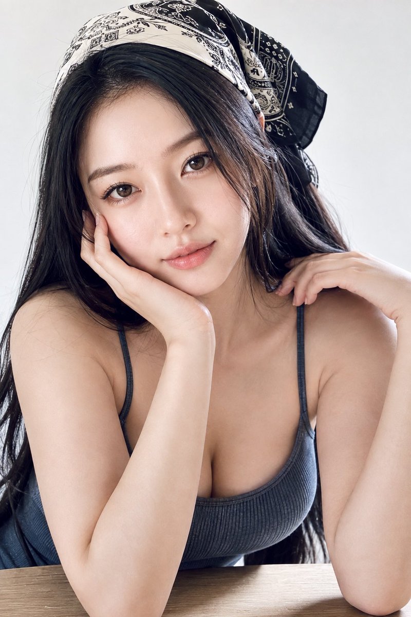 Elegant woman in silk scarf glances back with soft smile