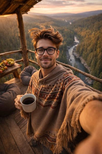 Solitary Serenity: High-Angle Selfie in a Towering Treehouse