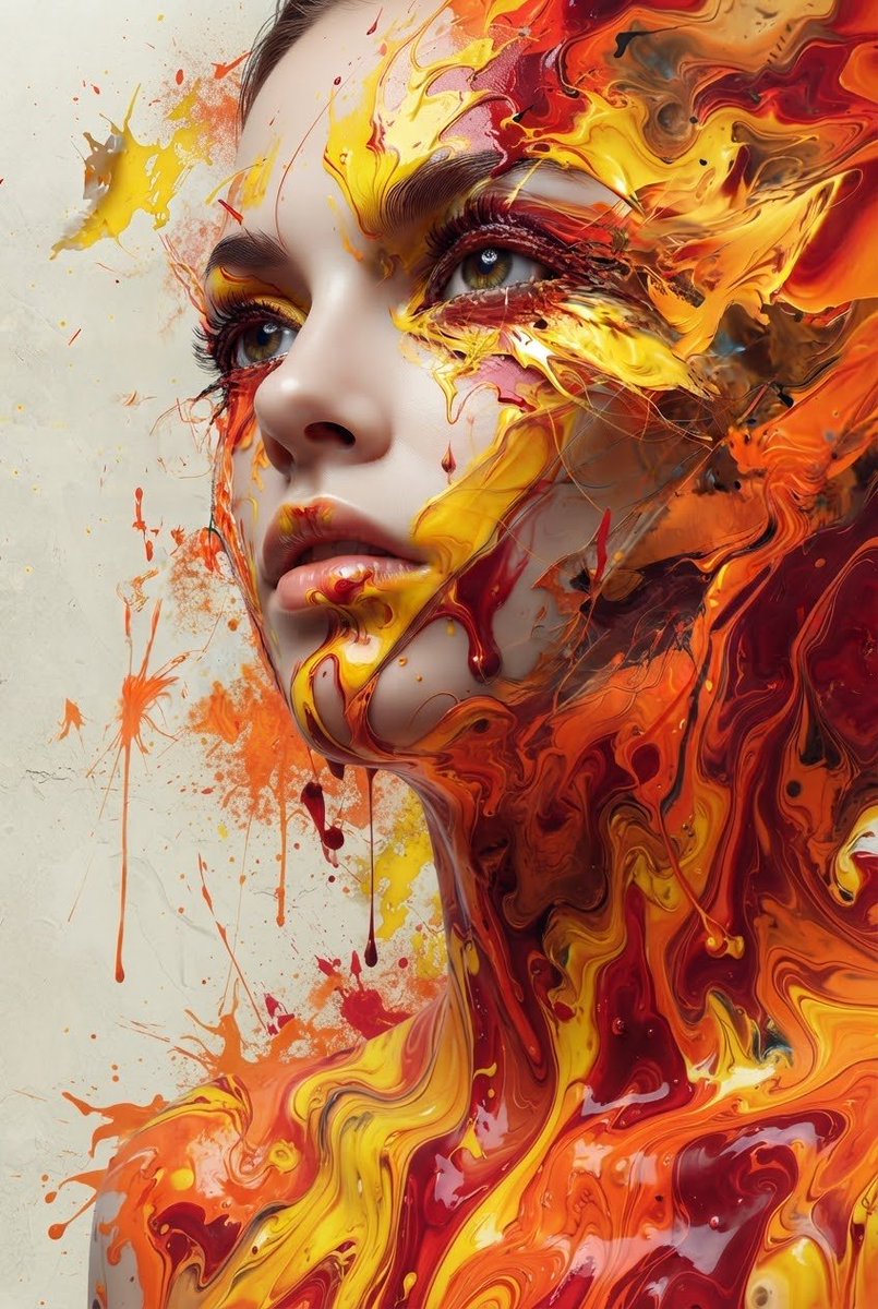 Fiery Fluid Paint Consumes Woman's Face in Artistic Profile Portrait