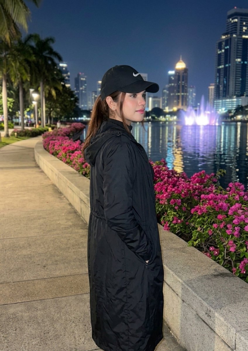 Young woman in Nike cap smiles softly by glowing city river