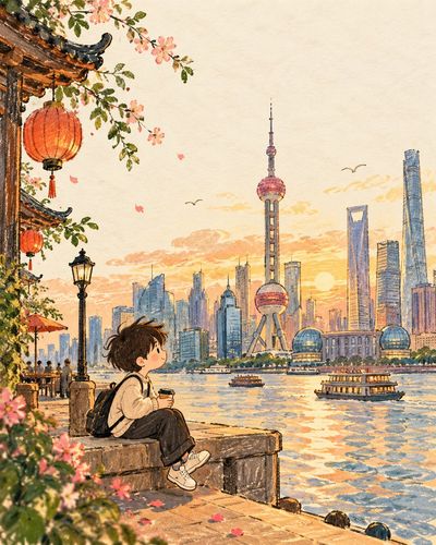 Cute character explores a warm minimalist travel postcard scene