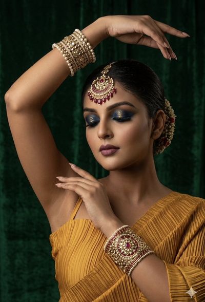 South Asian elegance in a mustard saree with closed eyes