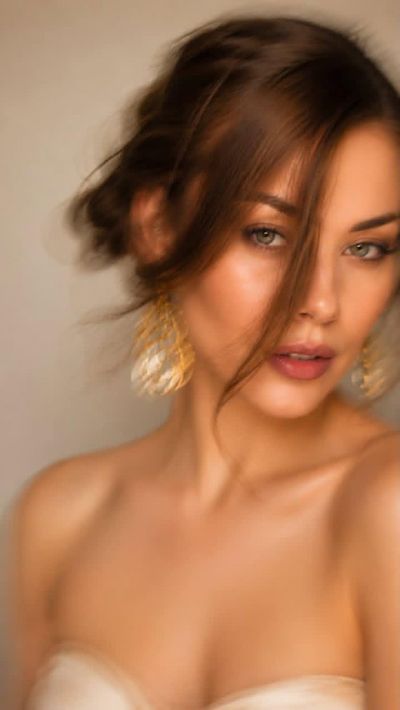 Auburn-haired beauty in profile with golden earrings and soft glow