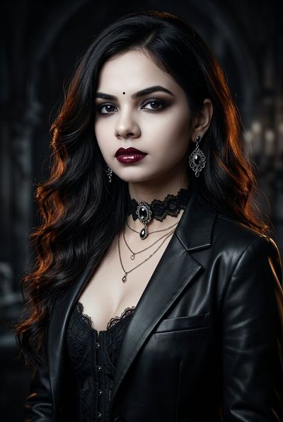 Pale Woman Gazes Intensely in Dark Gothic Portrait with Lace and Leather