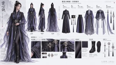 Xianxia costume industrial design sheet for a female cultivator