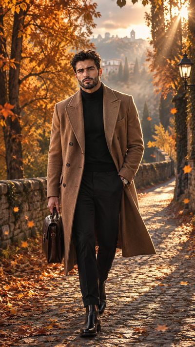 Autumn's golden light illuminates a young man on a cobblestone road
