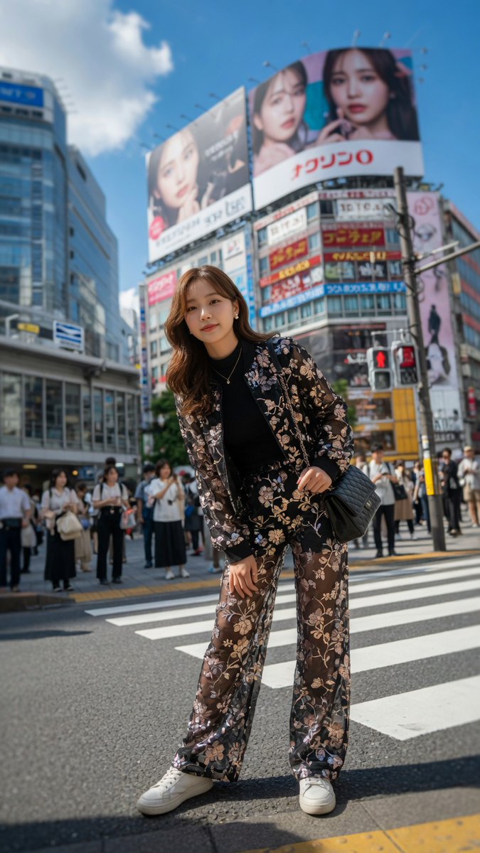 A young woman in sequined streetwear stands at Shibuya crossing