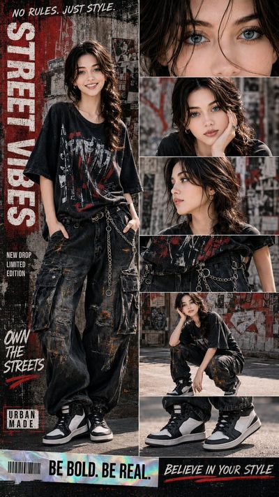 A woman in distressed streetwear poses for a cinematic fashion poster