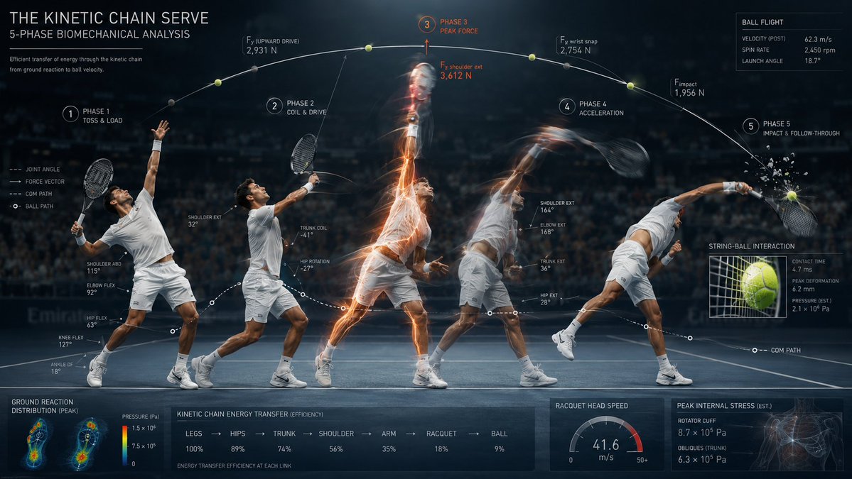 Tennis serve phases blur across a curved stroboscopic trajectory