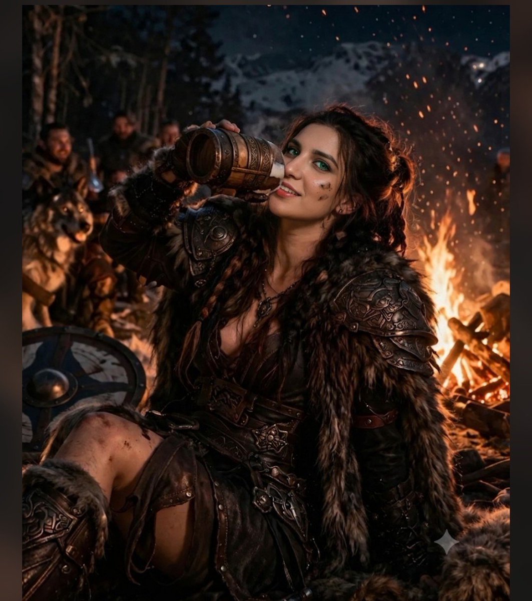A fierce Viking warrior woman drinks by a roaring campfire