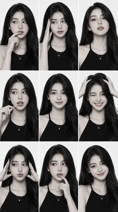 Nine expressions of same woman in monochrome editorial comp card