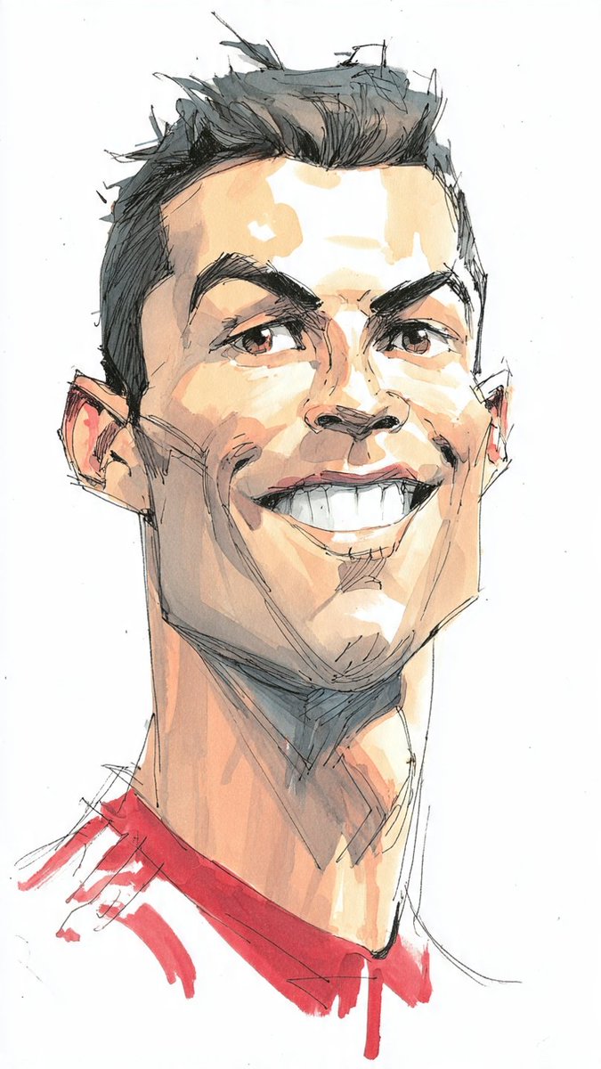Vibrant ink and watercolor caricature of Cristiano Ronaldo in red jersey