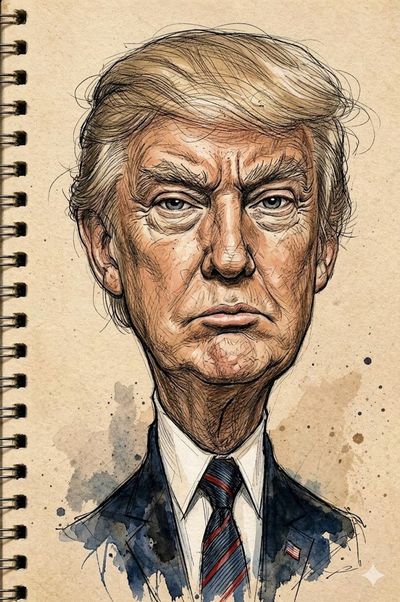 Donald Trump caricature rendered in expressive ink and watercolor