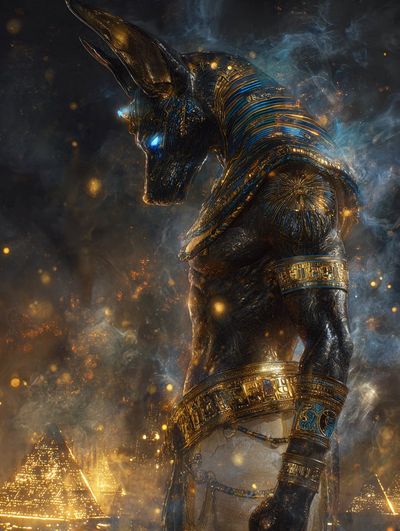 Anubis stands in profile amid glowing embers and swirling smoke