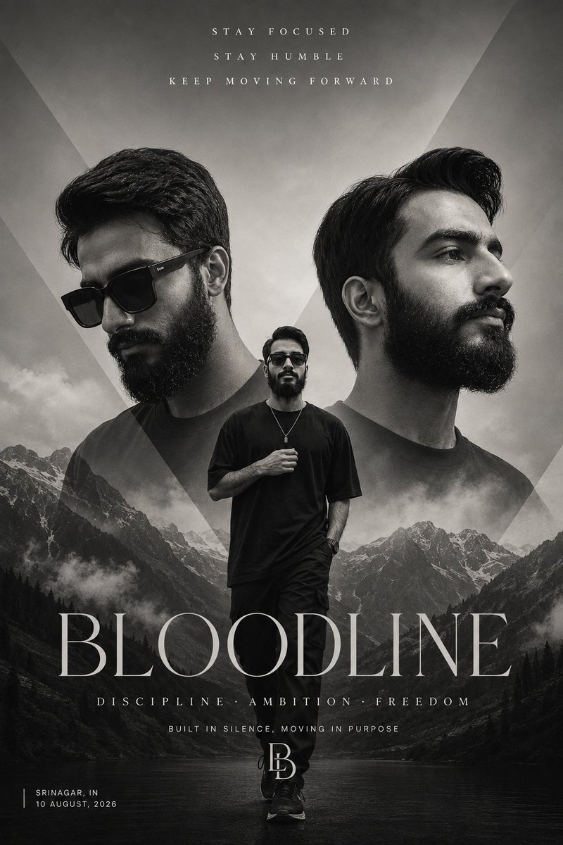 Monochrome fashion poster blends three portraits with misty mountains