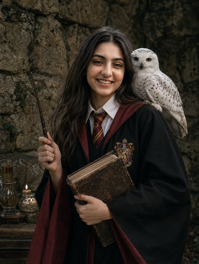 A young witch cradles an ancient spellbook by a stone wall