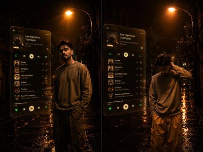 Young man stands in rainlit alley with holographic playlist