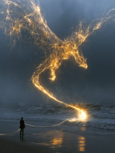 A golden dragon outlined with city lights flies above a lone figure on a beach.