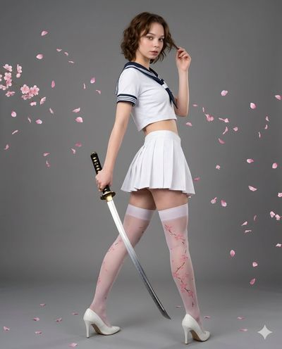 A young woman in white sailor outfit threatens with a katana
