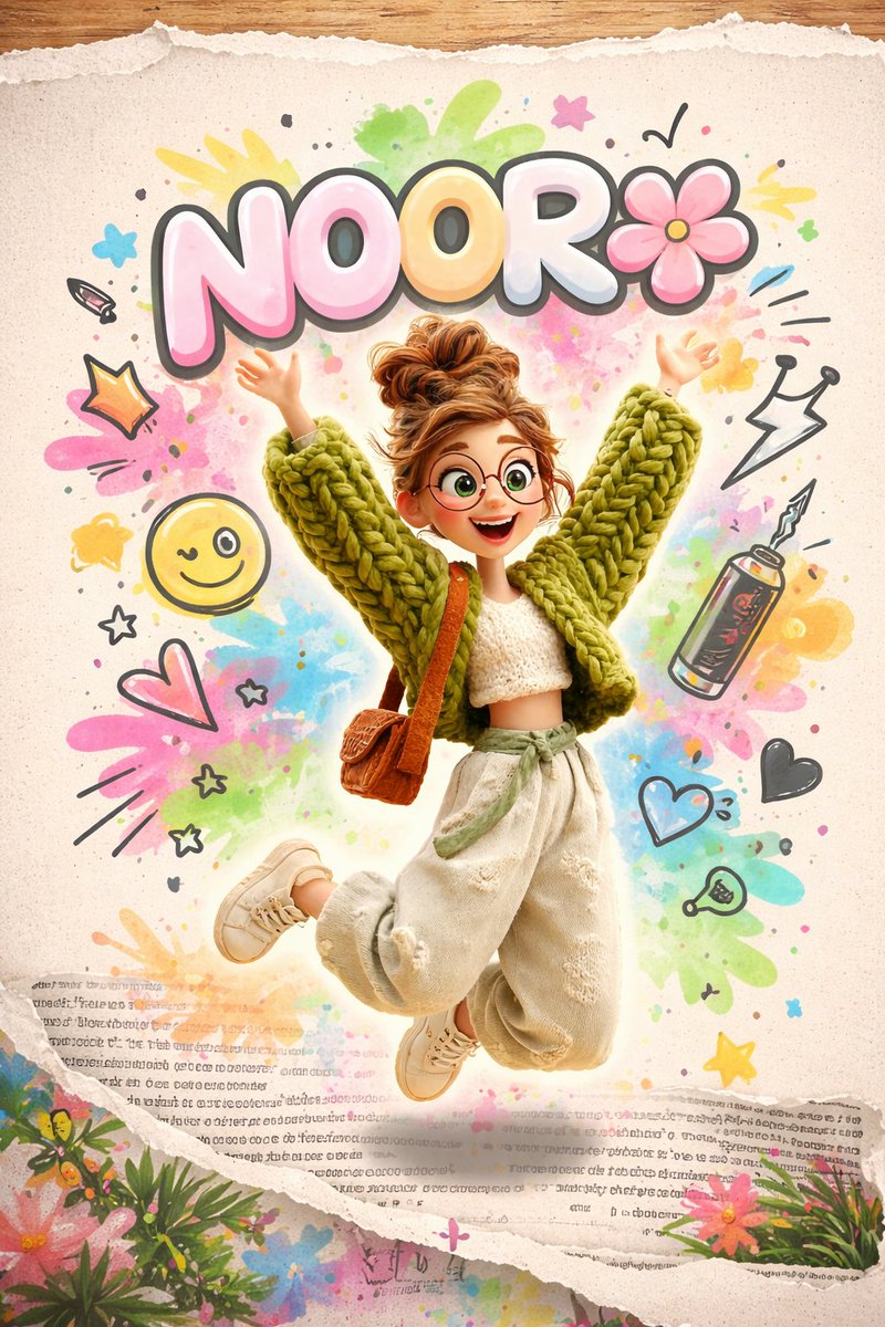 Vibrant 3D Animated Girl in Pastel Graffiti Collage