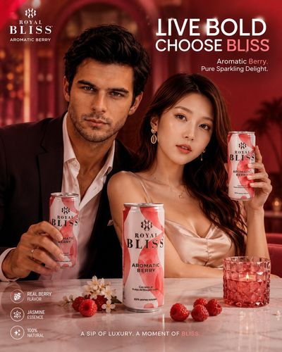 Elegant couple poses with Royal Bliss berry drink in red lounge