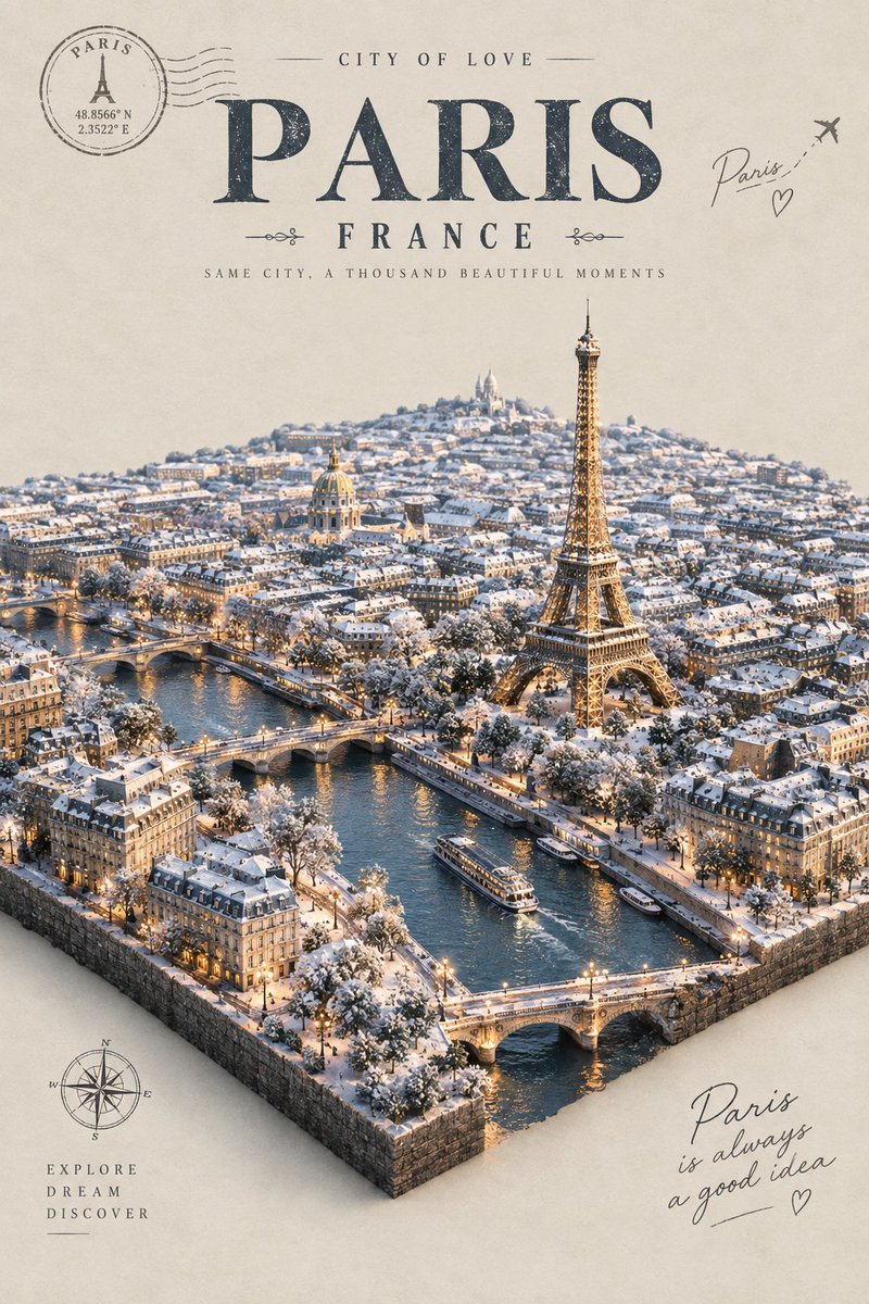Snowy miniature city diorama glows as a luxury winter escape poster