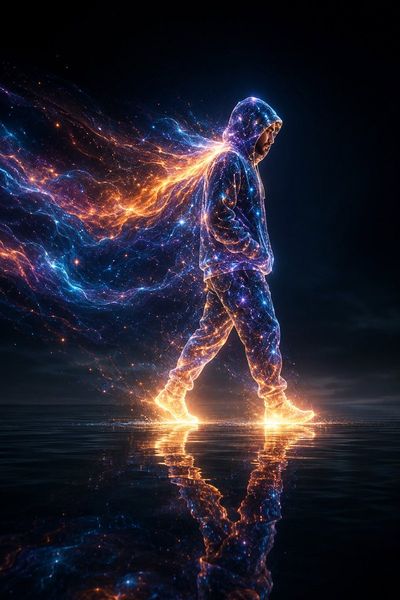 A hooded cosmic figure walks on reflective dark water under starlight.