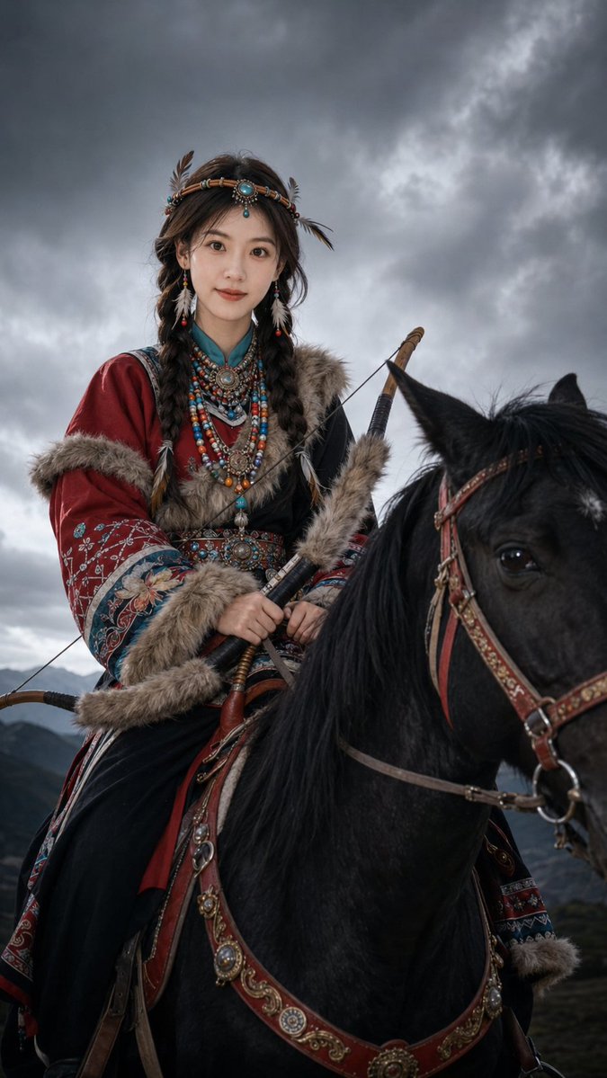 A nomadic archer sits calmly on a black horse under stormy skies