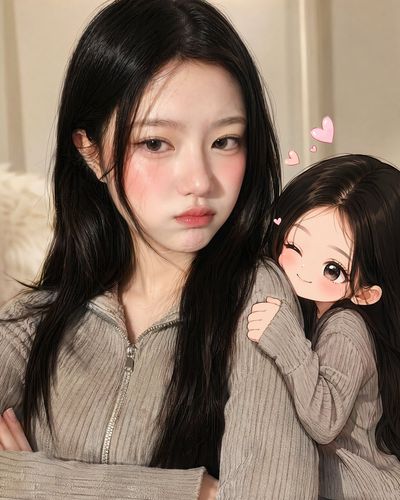 A realistic woman pouts while her anime clone clings to her arm