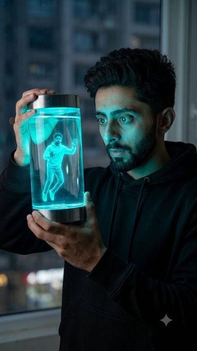 A man in a black hoodie peers at his miniature glowing twin