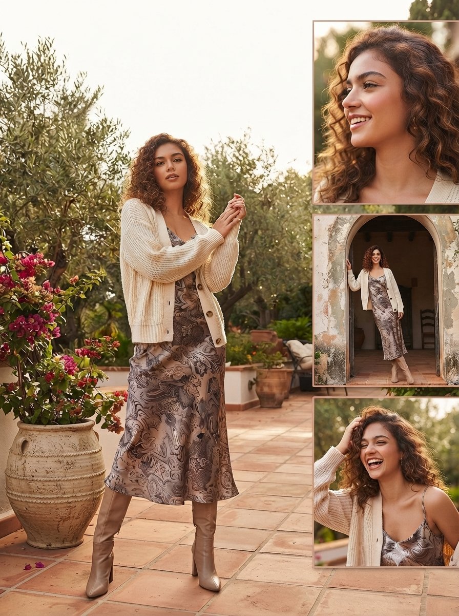 Sunlit patio fashion shoot with curly-haired woman in cream cardigan