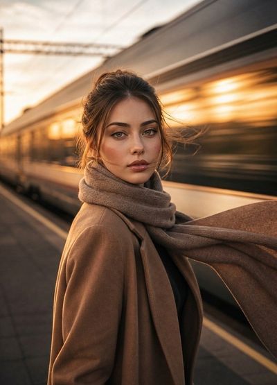 Woman in flowing scarf stands still as train blurs past