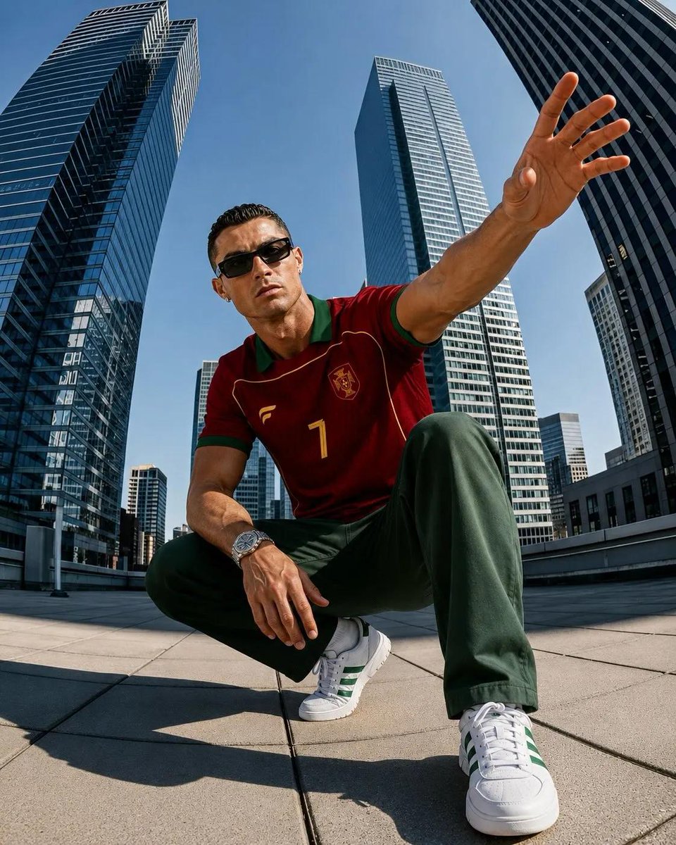 Ronaldo crouches low in a dramatic city plaza fashion portrait