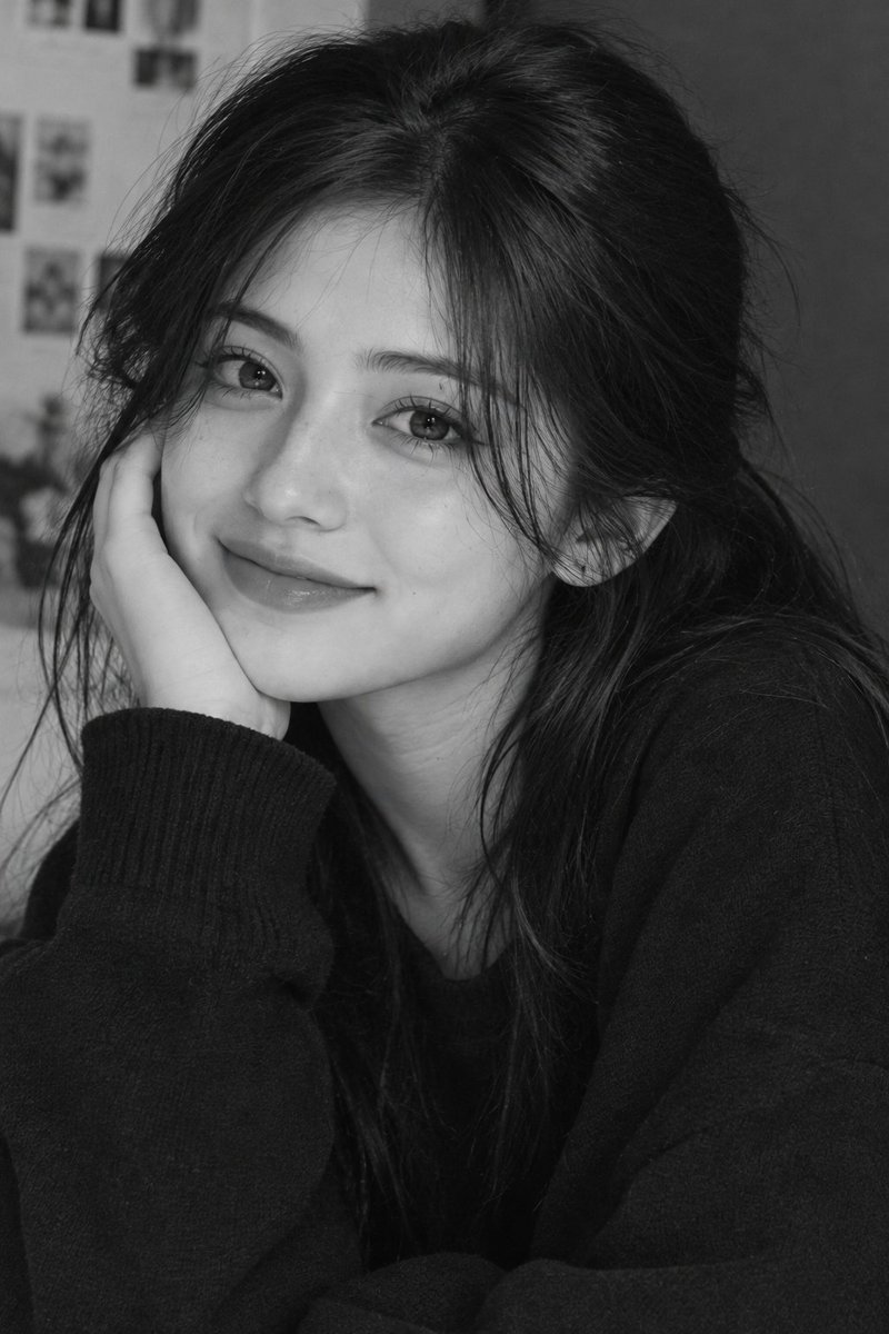 Young East Asian Woman Smiles Softly in Monochrome Portrait