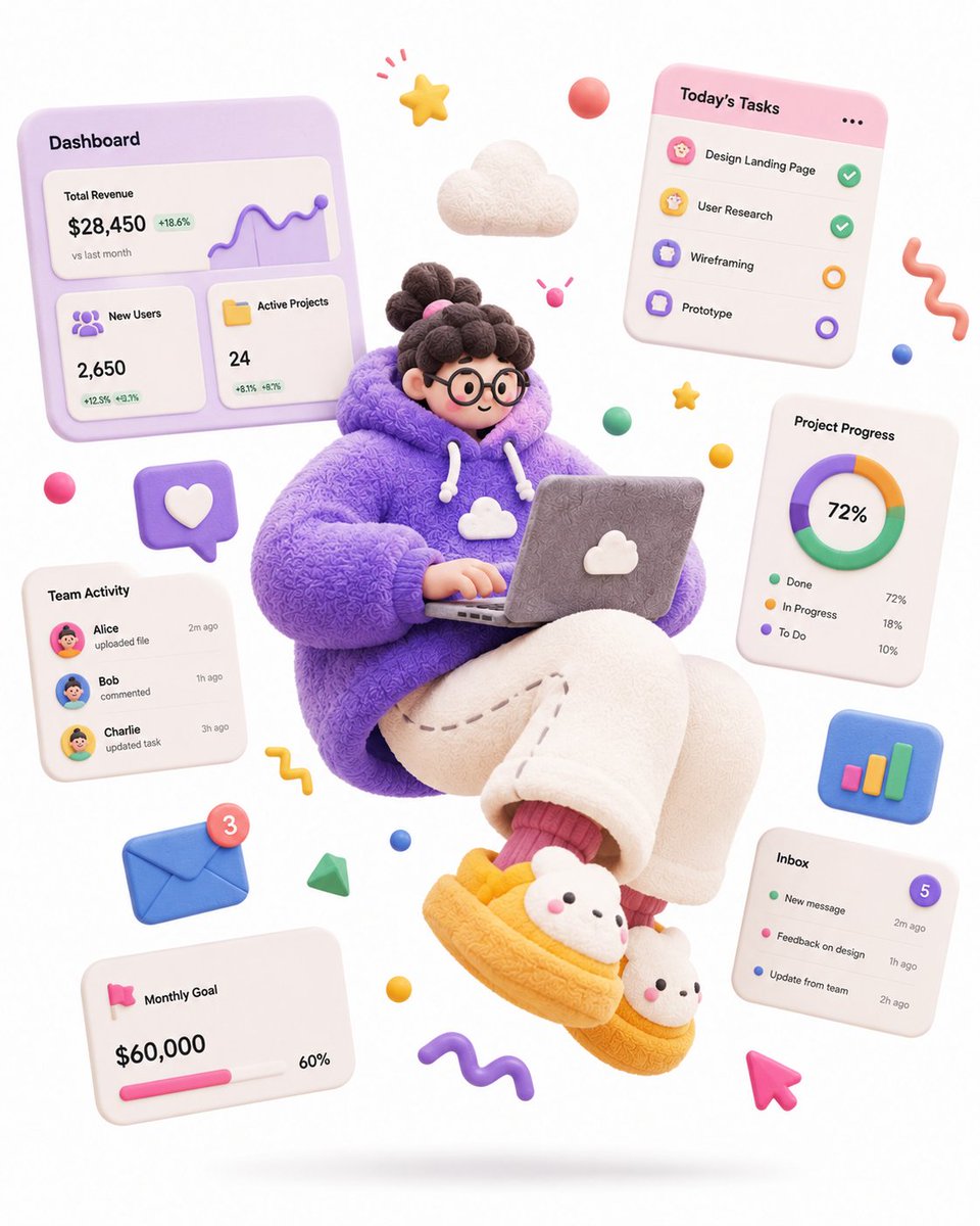 A chubby designer floats mid-air with a laptop and charts