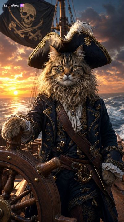 A fluffy pirate cat captain steers the ship in golden sunset light.