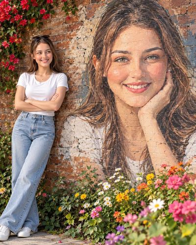 Woman Leaning on Brick Wall Beside Her Own Mural