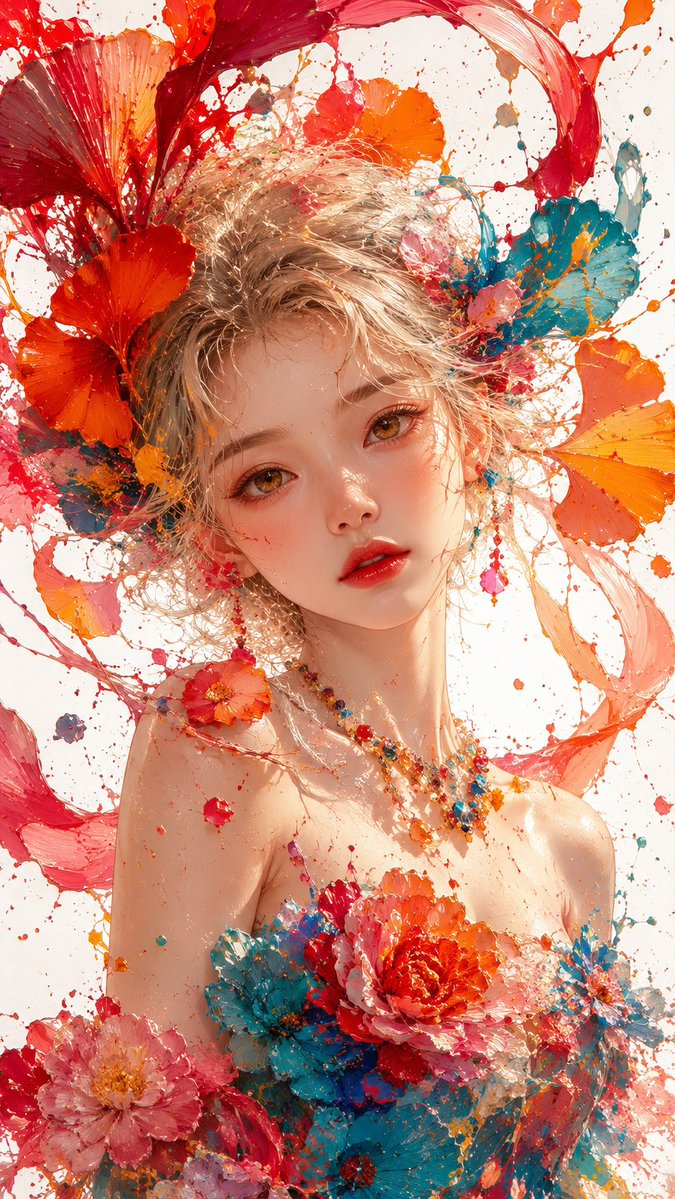 A luminous East Asian girl blossoms amidst fiery ginkgo petals