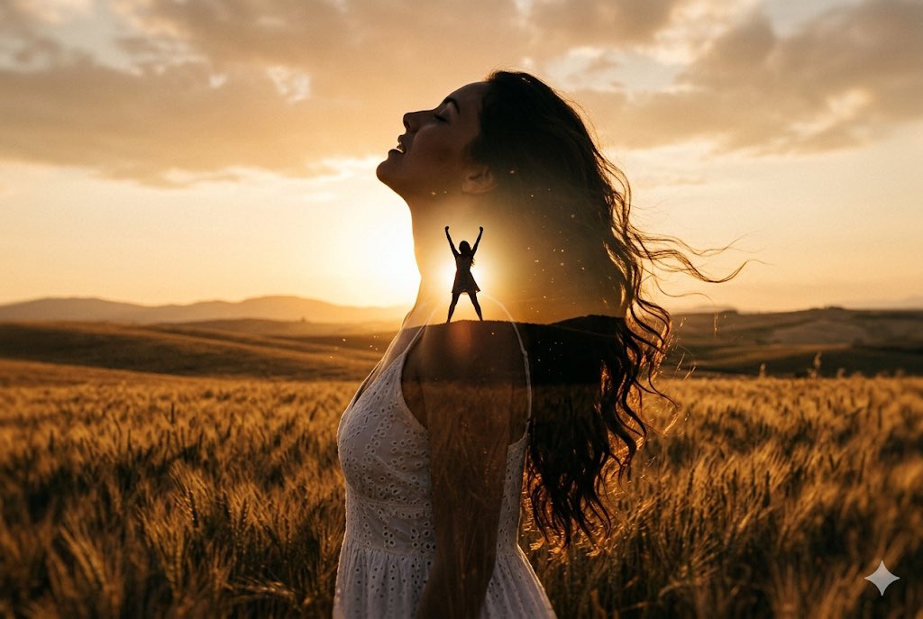 A giant woman in a wheat field celebrates with her tiny silhouette at sunset.