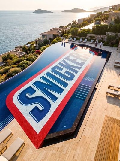 Golden hour infinity pool displays Snickers logo at luxury resort