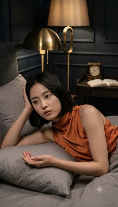 A woman in burnt orange rests on grey bedding lost in thought