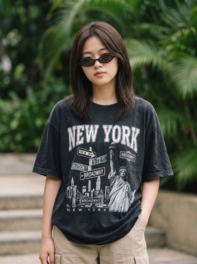 South Asian woman in tiny retro sunglasses poses in lush green tropical setting