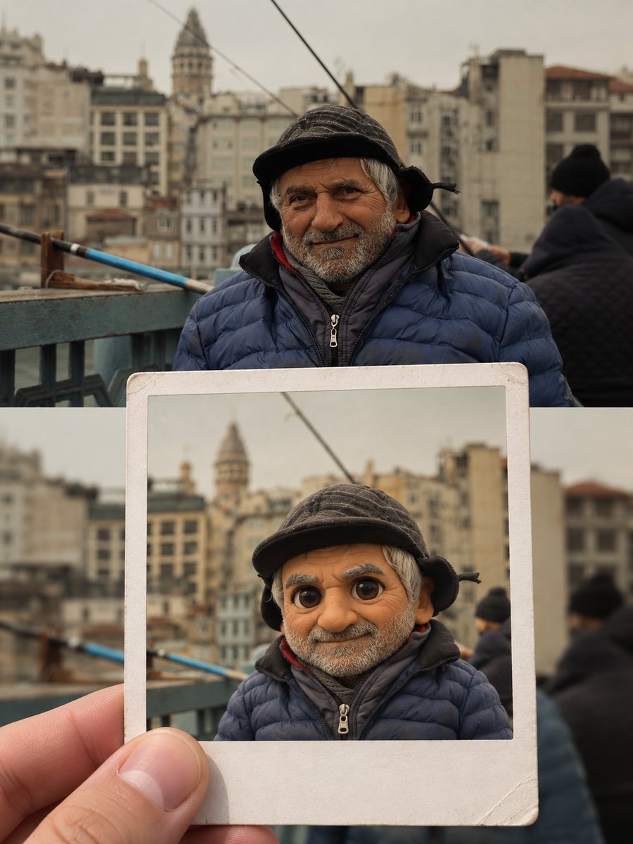 Hand Holds Thick Polaroid with Chibi Miniature Scene Inside