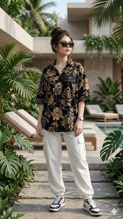 Character in floral shirt poses confidently amid lush resort foliage.