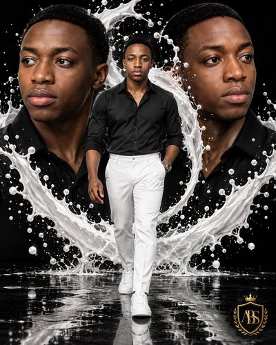 Man walks confidently amid a white liquid splash in black studio.